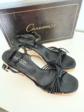 Black Knot-Detail Wedge Sandals vintage original box